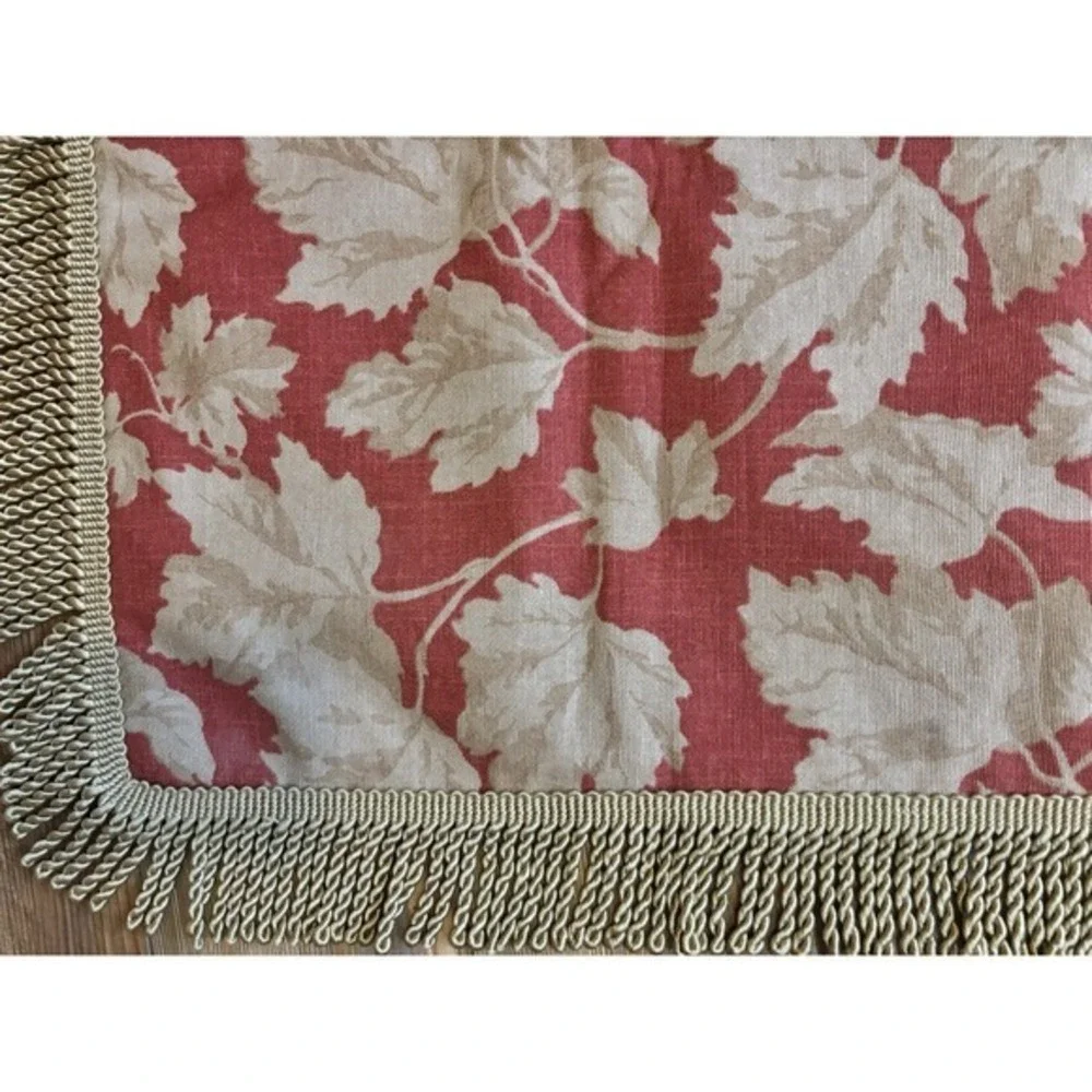 Custom Upholstered Square Table Cover Fringed Lined Leaf Pattern Maroon Tan